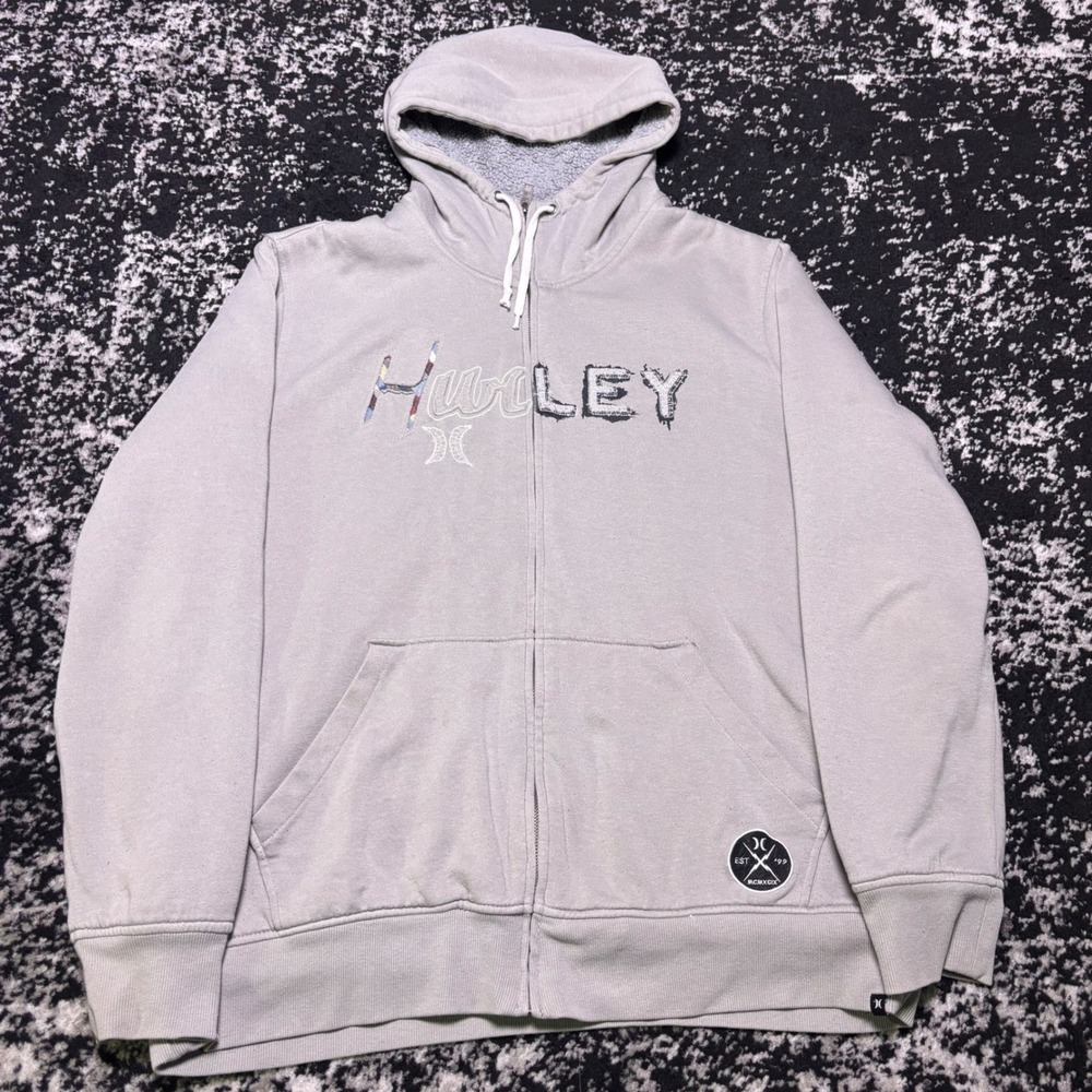 Hurley Mens XL Gray Sherpa Lined Full Zip Hoodie Y2K Skater Surf Sweatshirt